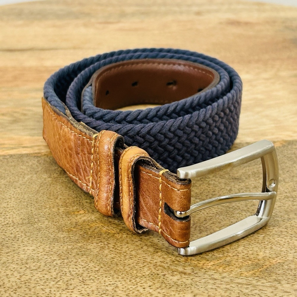 Torino Blue Braided Stretch Elastic Leather Belt Mens 34 Fits 32-36